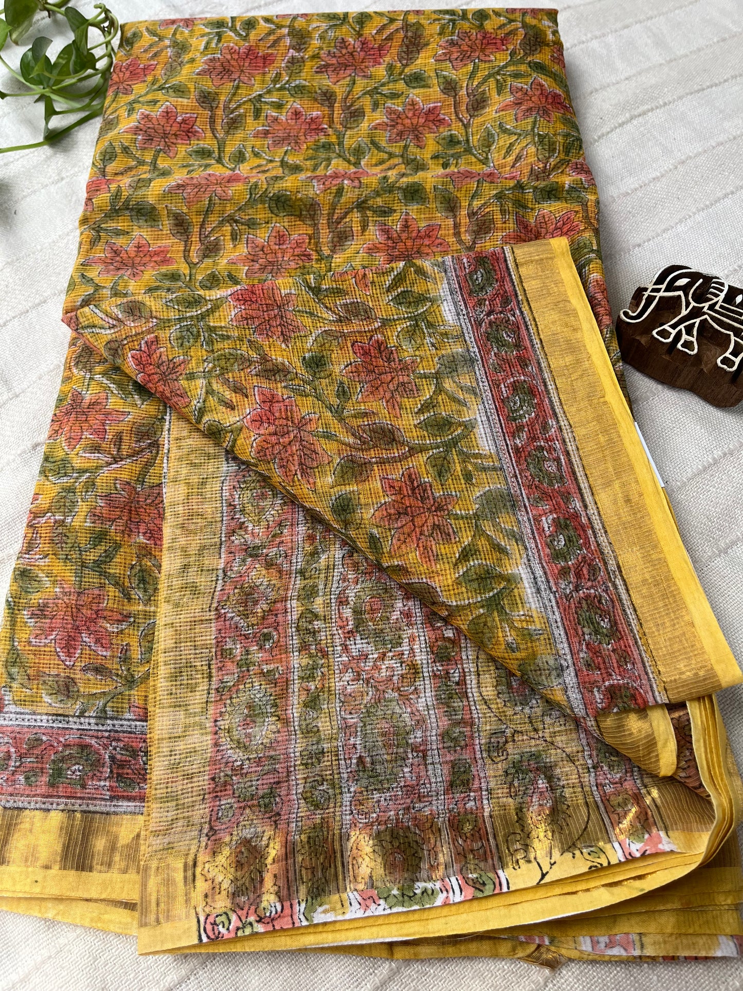 Sanganer Handblock Kota Doria Saree - Yellow