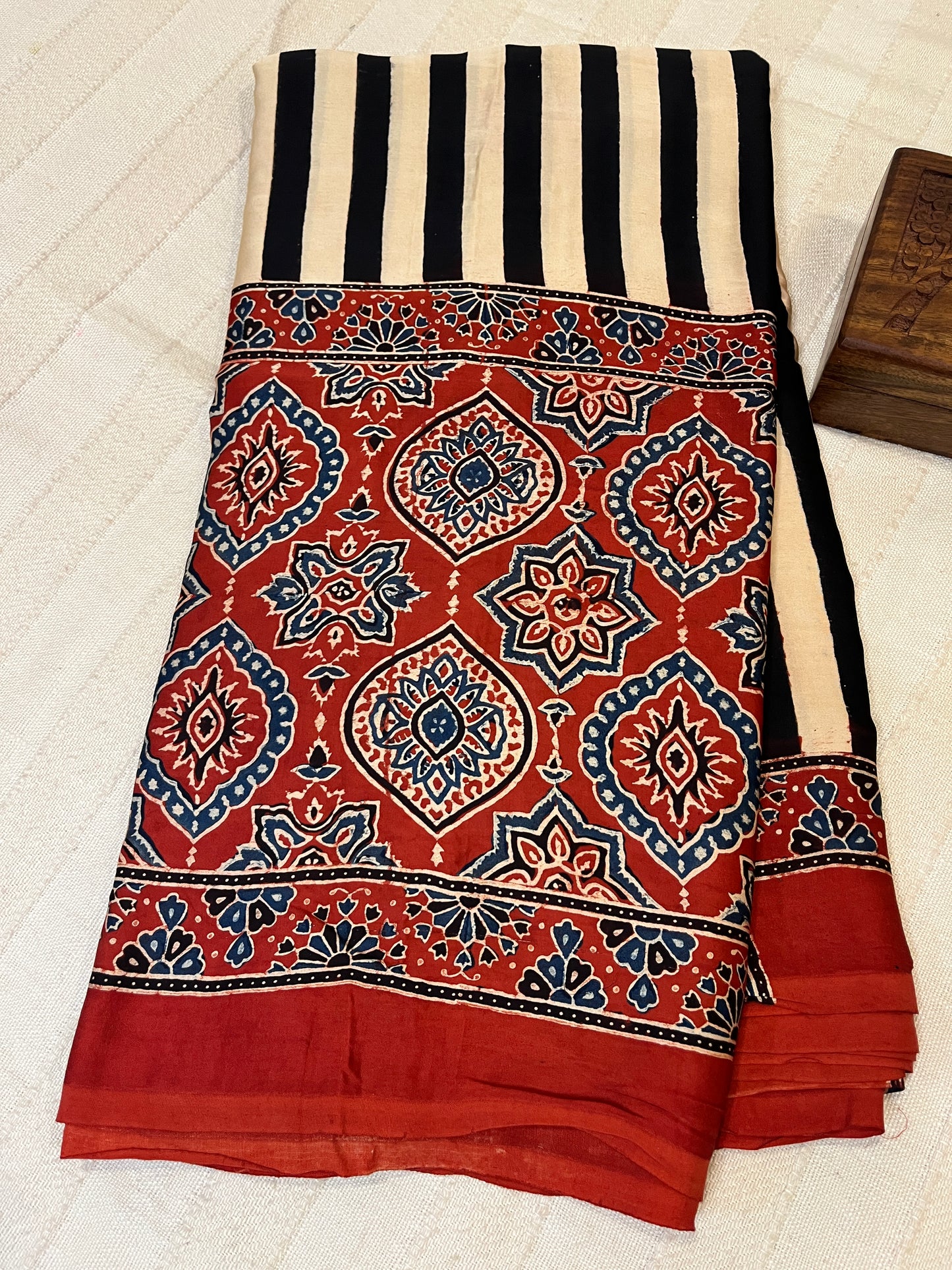 Contemporary Ajrakh Modal Silk Saree - Red & Black