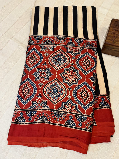 Contemporary Ajrakh Modal Silk Saree - Red & Black
