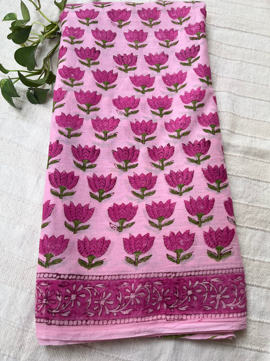 Lotus Handblock Mul Cotton Saree - Pink
