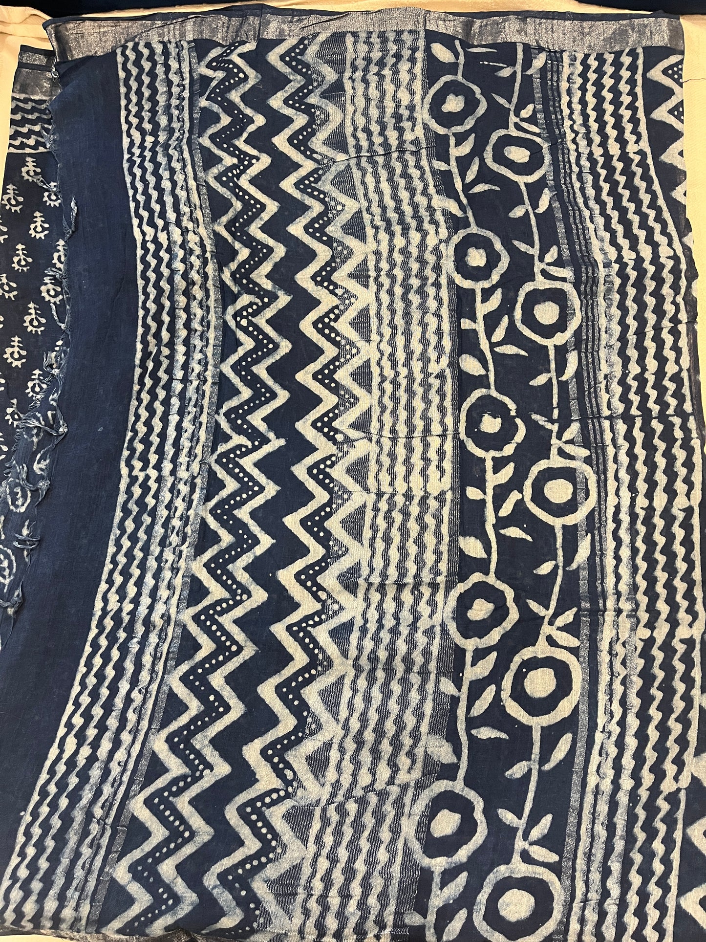 Indigo Handblock Linen Cotton Saree
