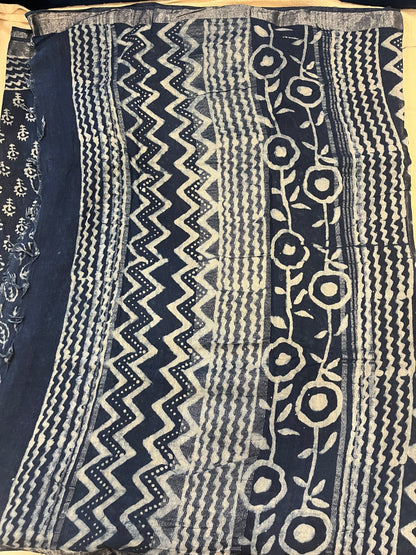 Indigo Handblock Linen Cotton Saree