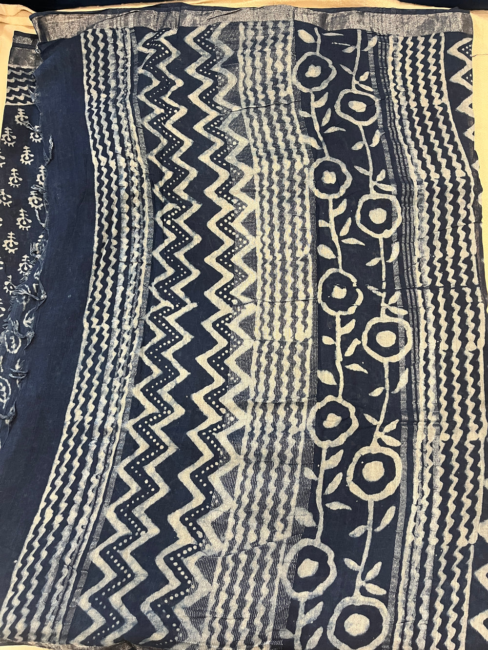Indigo Handblock Linen Cotton Saree