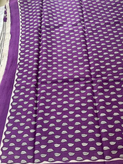 Bagru Handblock Mul Cotton Saree - Off-white & Purple