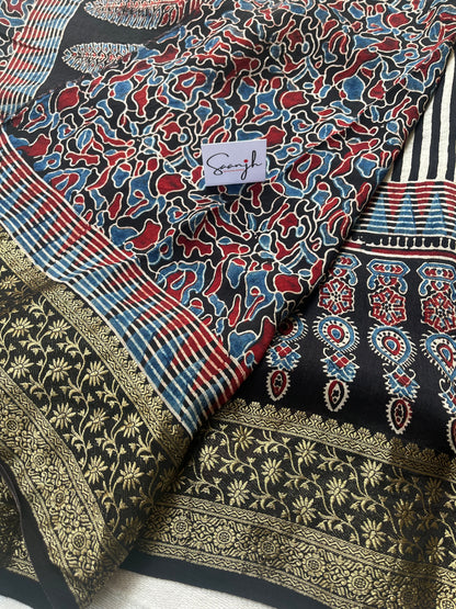 Contemporary Ajrakh Dola Silk Saree - Black Stripes