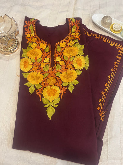 Kashmiri Aari Work Pheran - Wine