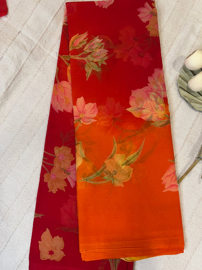 Semi Chiffon Floral Saree Dual Tone - Red-Orange