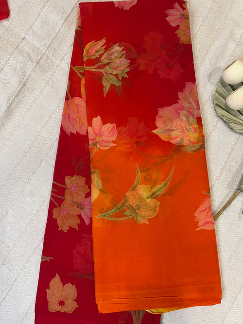 Semi Chiffon Floral Saree Dual Tone - Red-Orange