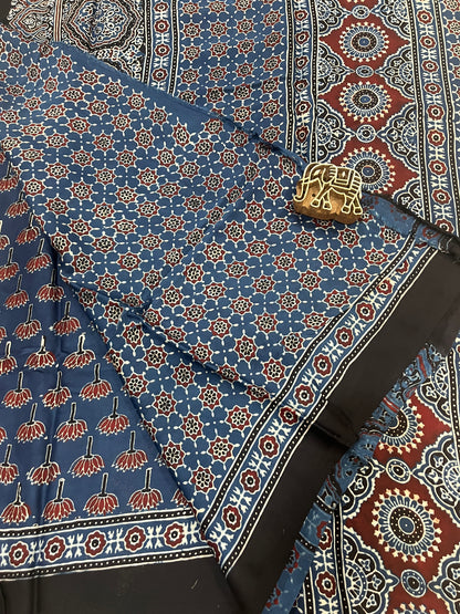 Ajrakh Modal Silk Saree - Indigo Lotus Motifs
