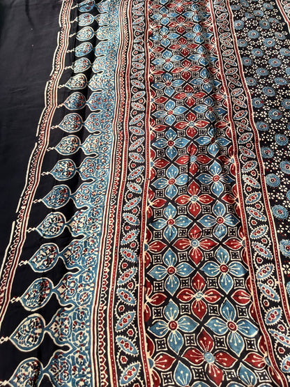 Ajrakh Modal Silk Saree with Bel Design - Black