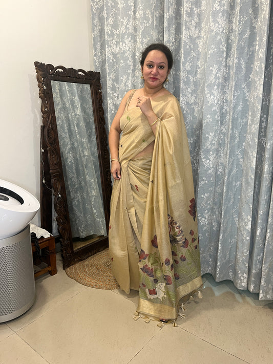 Chanderi Cotton Jamdani Saree - Beige Pichwai