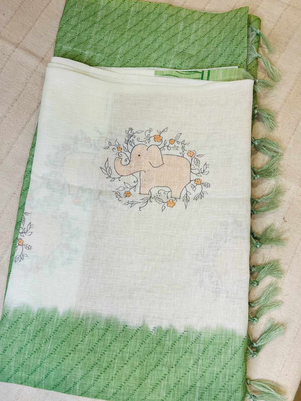 Quirky Linen Cotton Saree - Green Elephants