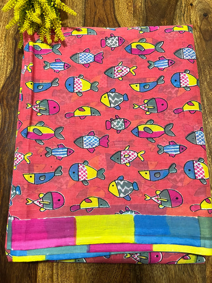 Pink Fish Quirky Mul Cotton Saree