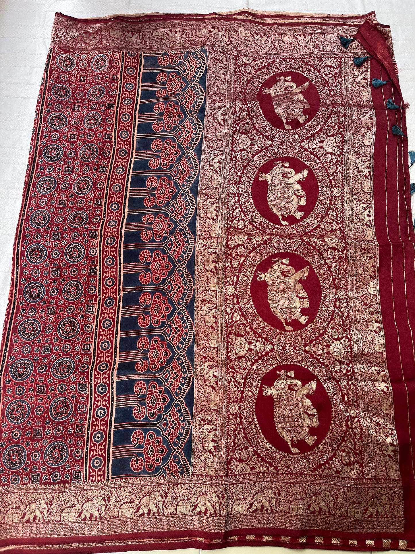 Ajrakh Dola Silk Saree - Contemporary Deep Red Stripes (with tassels)