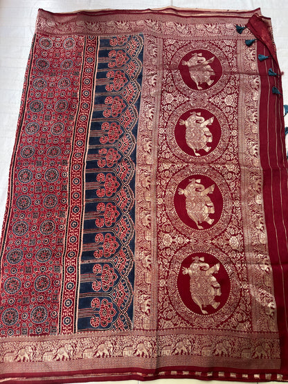 Ajrakh Dola Silk Saree - Contemporary Deep Red Stripes (with tassels)