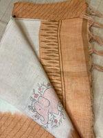 Quirky Linen Cotton Saree - Orange Elephants