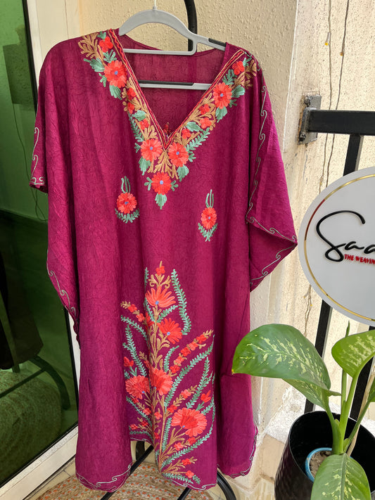 Crush Cotton Aariwork Kaftan - Wine