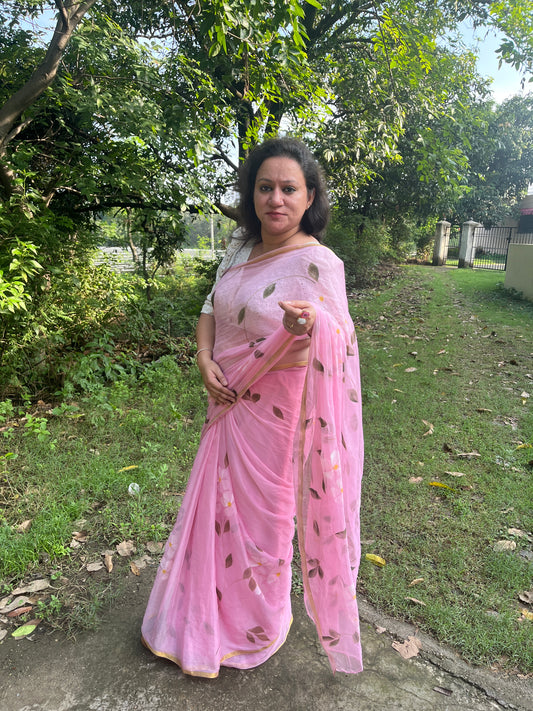 Hand-painted Chiffon Saree - Baby Pink