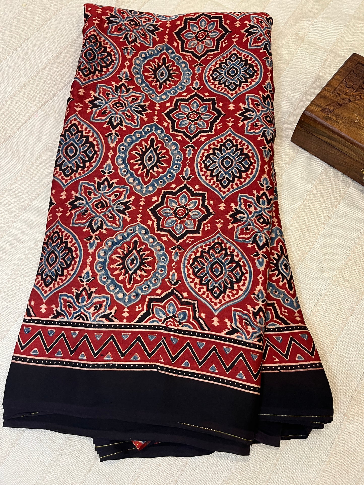 Ajrakh Modal Silk Saree -Red Badam Block