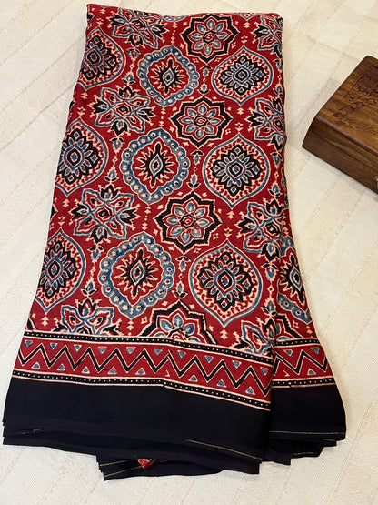 Ajrakh Modal Silk Saree -Red Badam Block