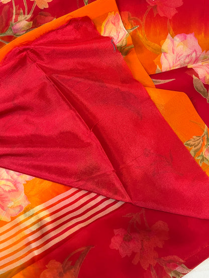 Semi Chiffon Floral Saree Dual Tone - Red-Orange