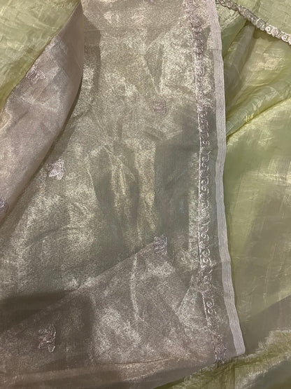 Pitta Work Crepe Tissue Saree - Mehendi Green