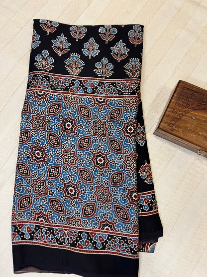 Ajrakh Modal Silk Saree - Black Flower Motifs