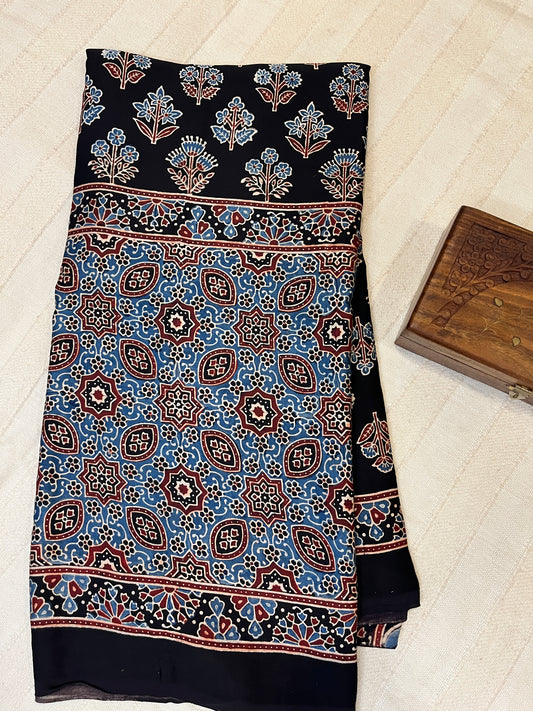 Ajrakh Modal Silk Saree - Black Flower Motifs