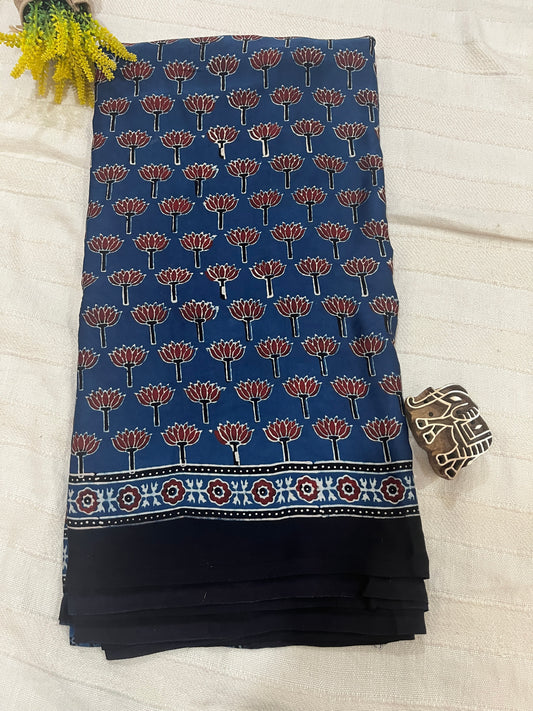 Ajrakh Modal Silk Saree - Indigo Lotus Motifs