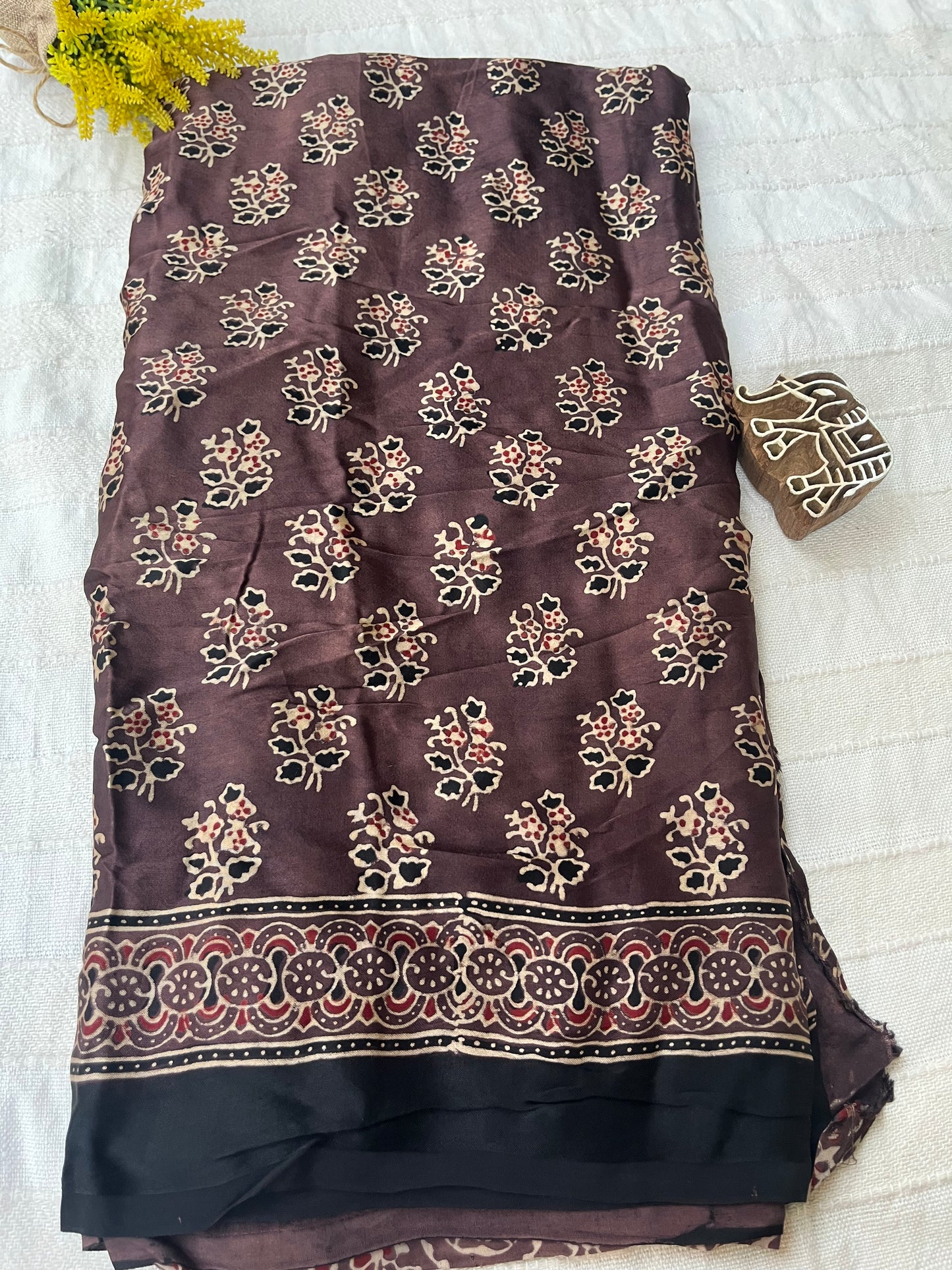 Ajrakh Modal Silk Saree - Cola Brown Buttis