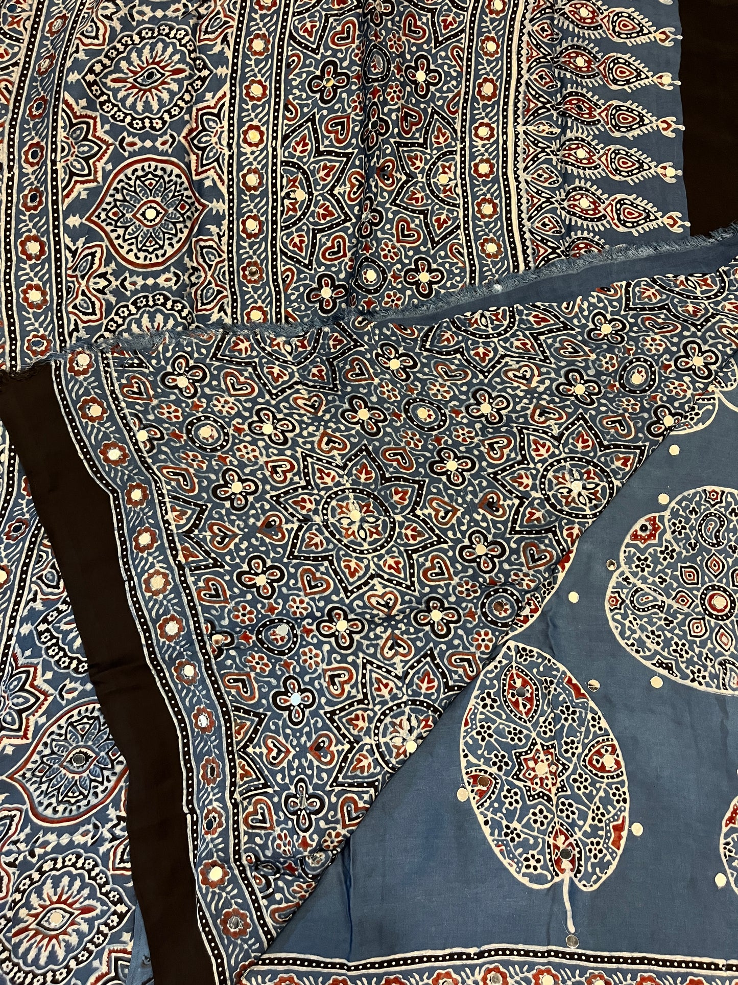 Ajrakh Modal Silk Saree with Mirror Work - Indigo Leaves Motifs