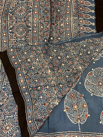 Ajrakh Modal Silk Saree with Mirror Work - Indigo Leaves Motifs
