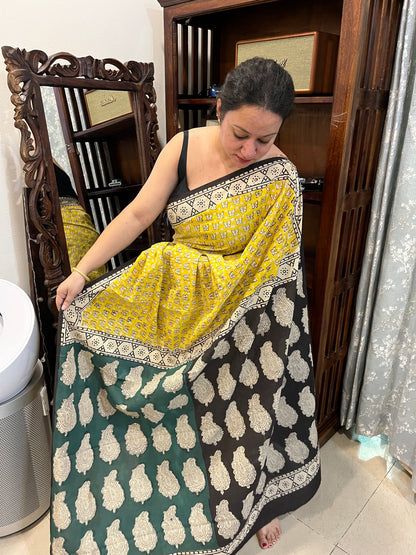Butterfly Handblock Mul Cotton Saree - Yellow