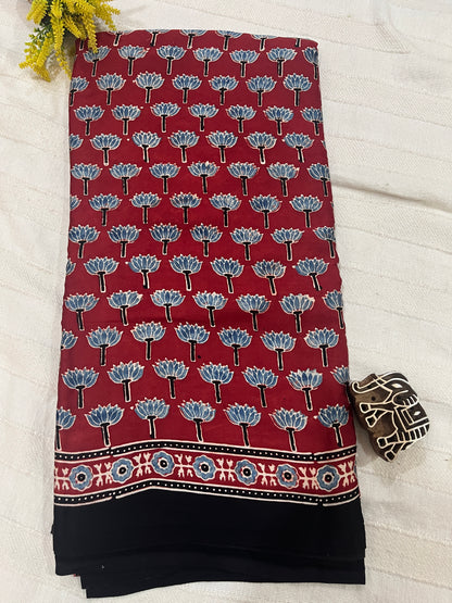 Ajrakh Modal Silk Saree - Red Lotus Motifs