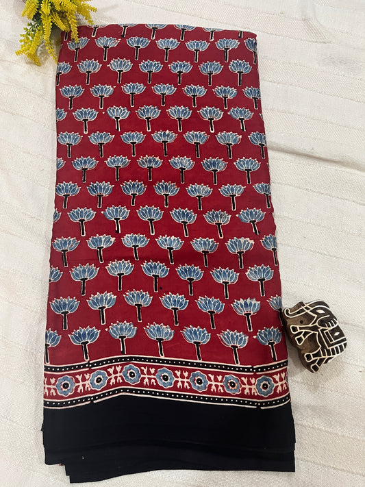 Ajrakh Modal Silk Saree - Red Lotus Motifs