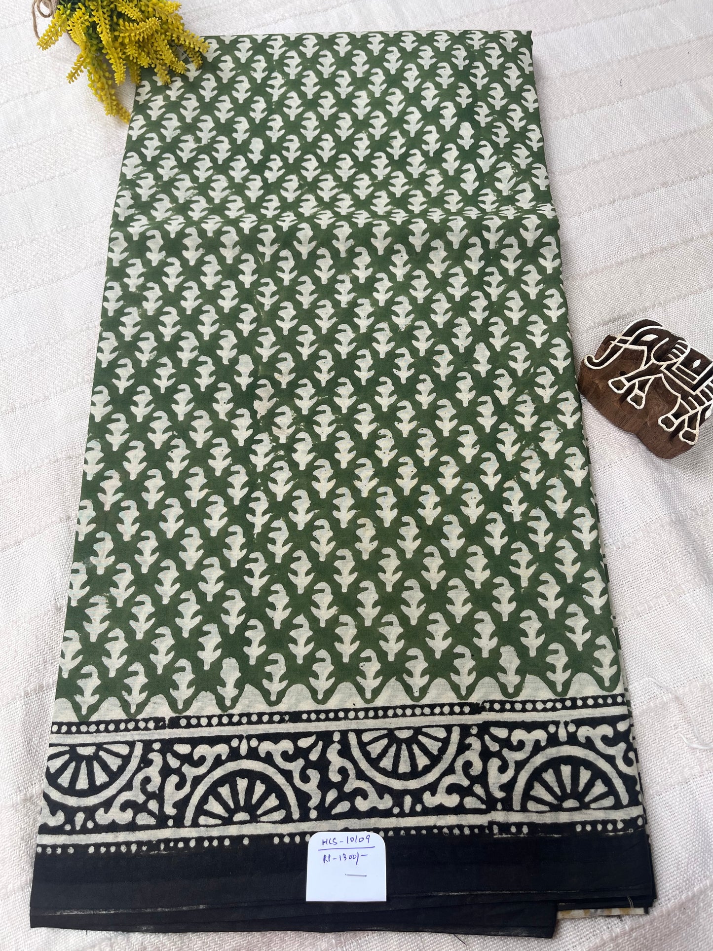 Bagru Handblock Mul Cotton Saree - Green