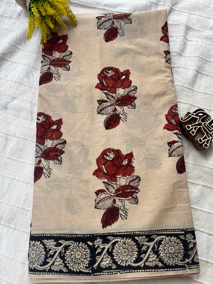 Bagru Handblock Mul Cotton Saree - Beige Rose Print