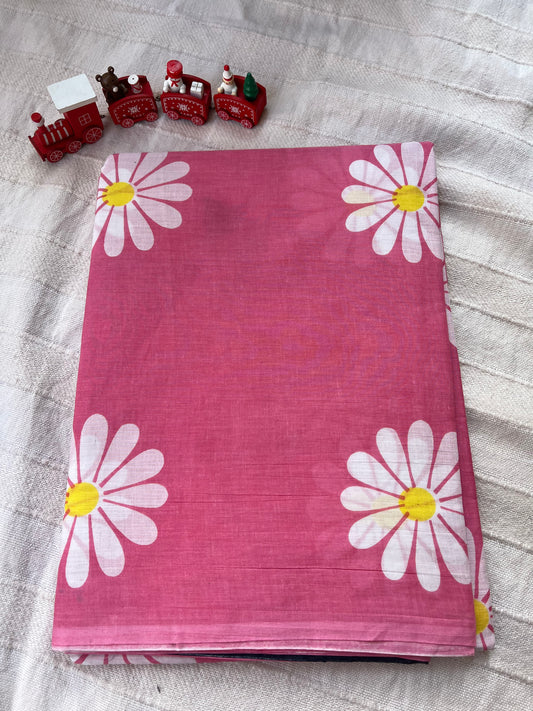 Pink Flower Print Running Mul Cotton Saree