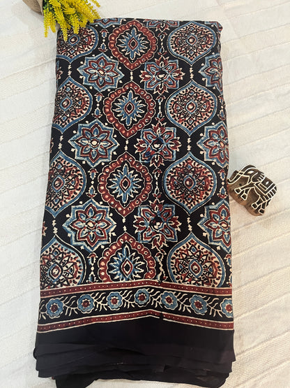 Ajrakh Modal Silk Saree - Black Badam Block