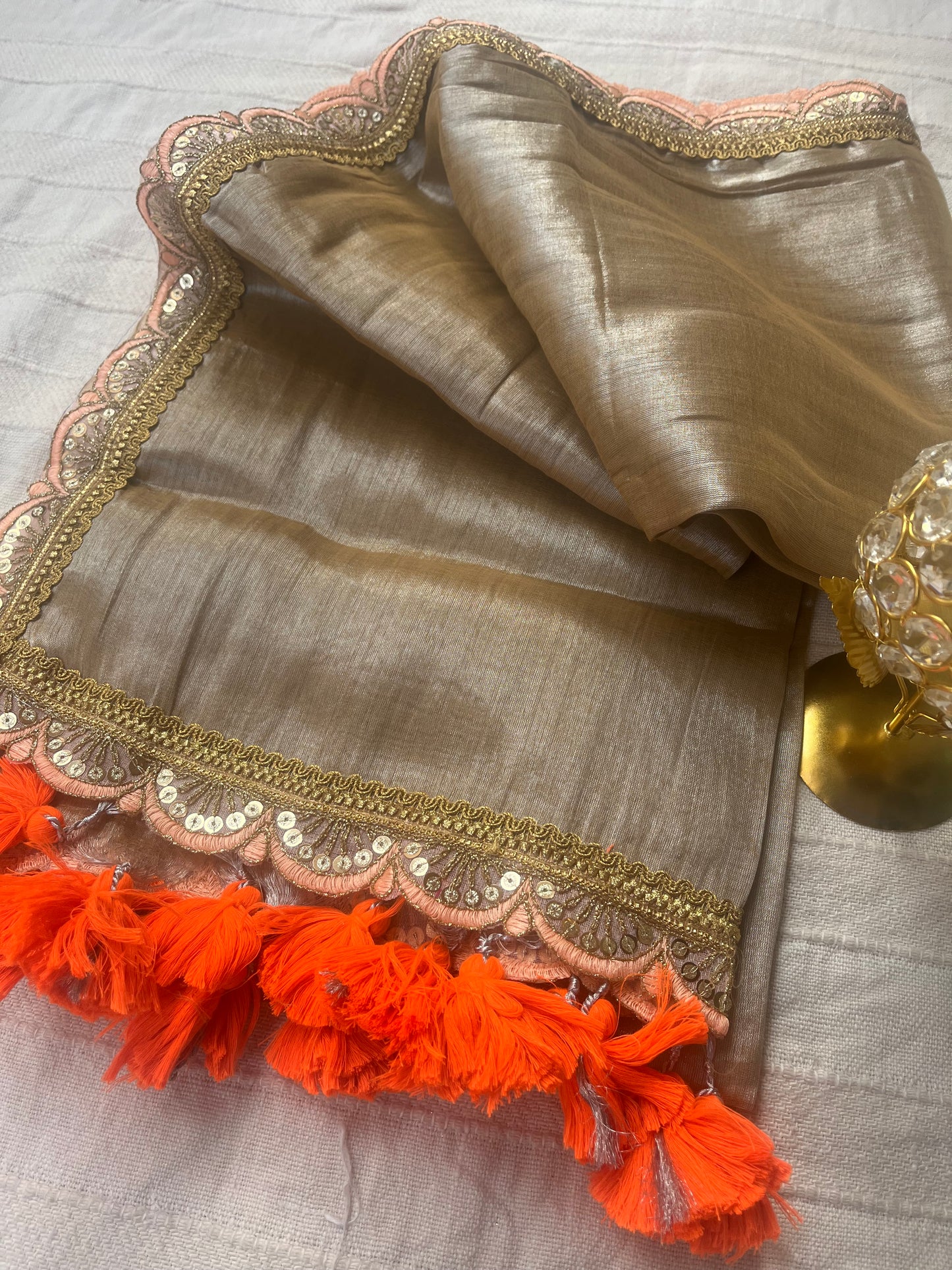 Raga Tissue Saree with Lace and Tassels - Gold & Orange