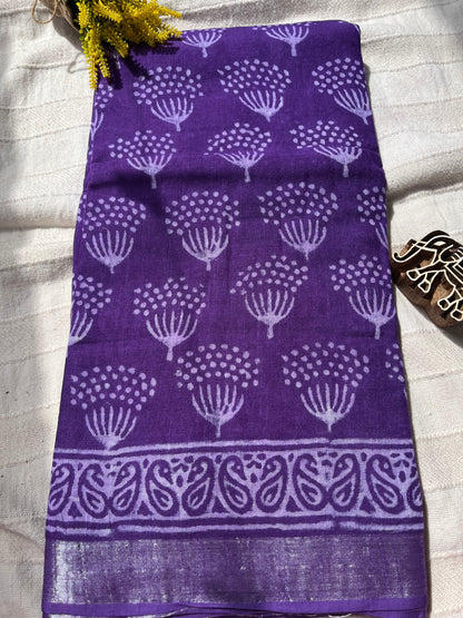 Purple Handblock Linen Cotton Saree