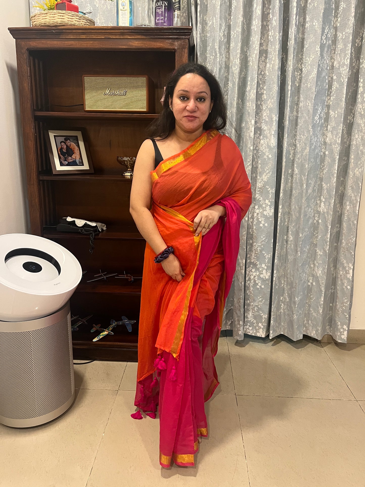 Zari Mul Cotton Saree - Pink Orange Half & Half (No Blouse piece)