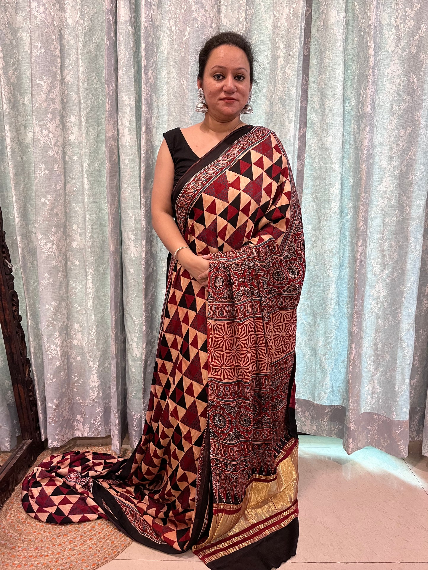 Contemporary Ajrakh Modal Silk Saree with Tissue Palla