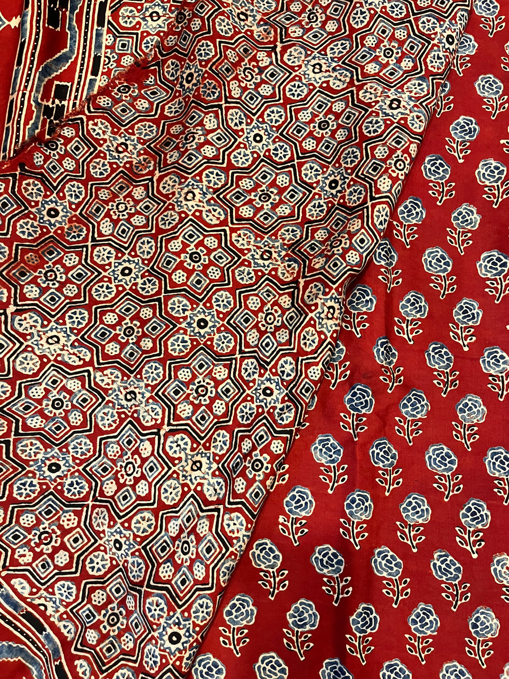 Ajrakh Modal Silk Saree - Red Rose Buttis