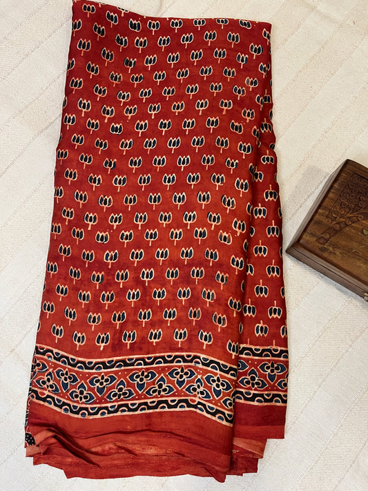 Ajrakh Modal Silk Saree - Rust Red Lotus Motifs