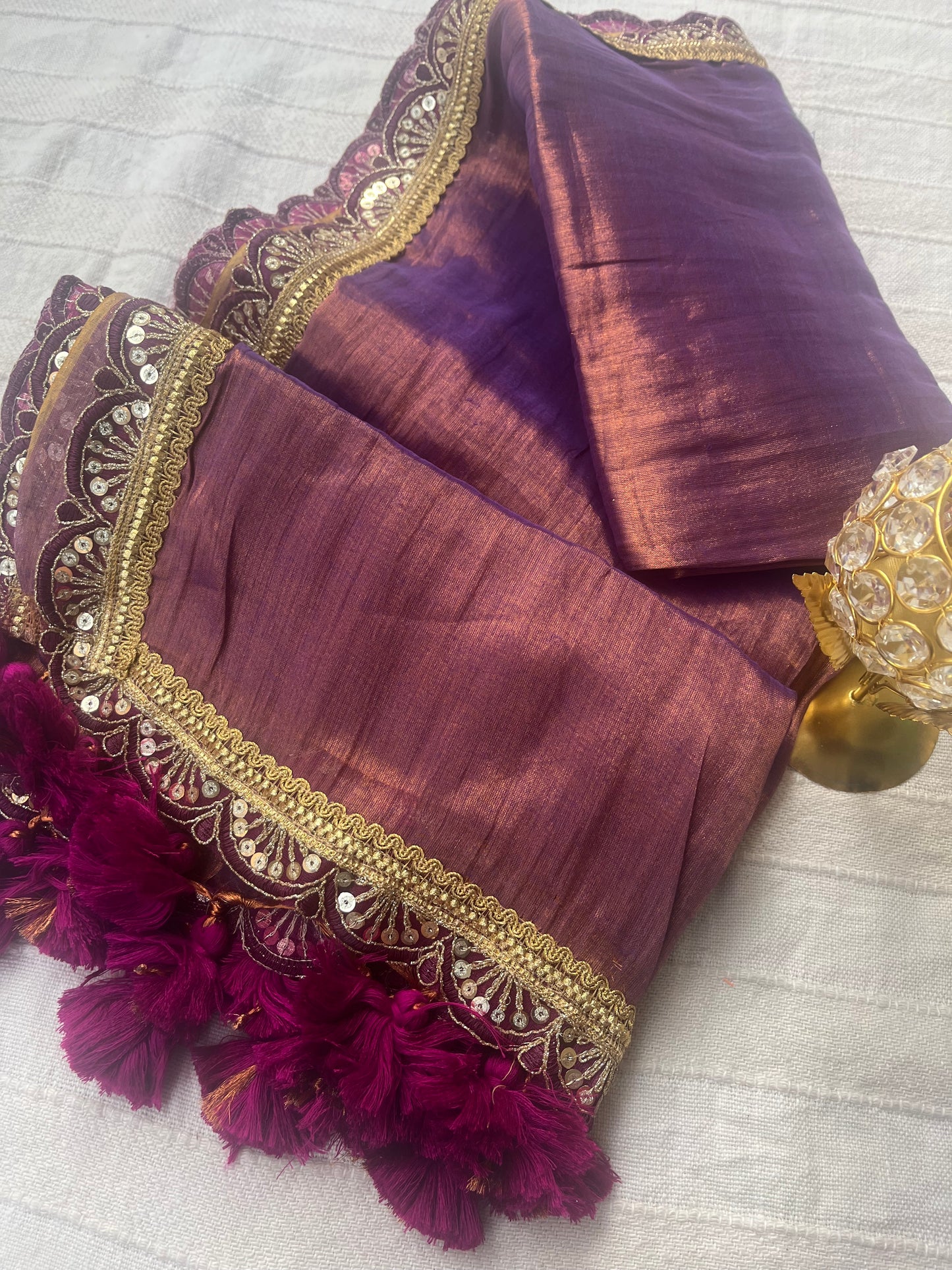 Raga Tissue Saree with Lace and Tassels - Purple