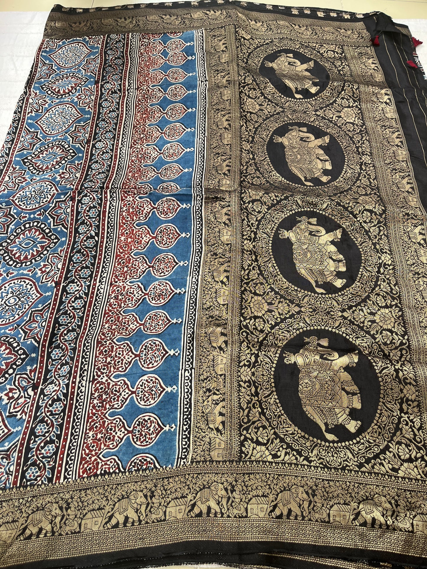 Ajrakh Dola Silk Saree - Black Lotus Pattern (with tassels)