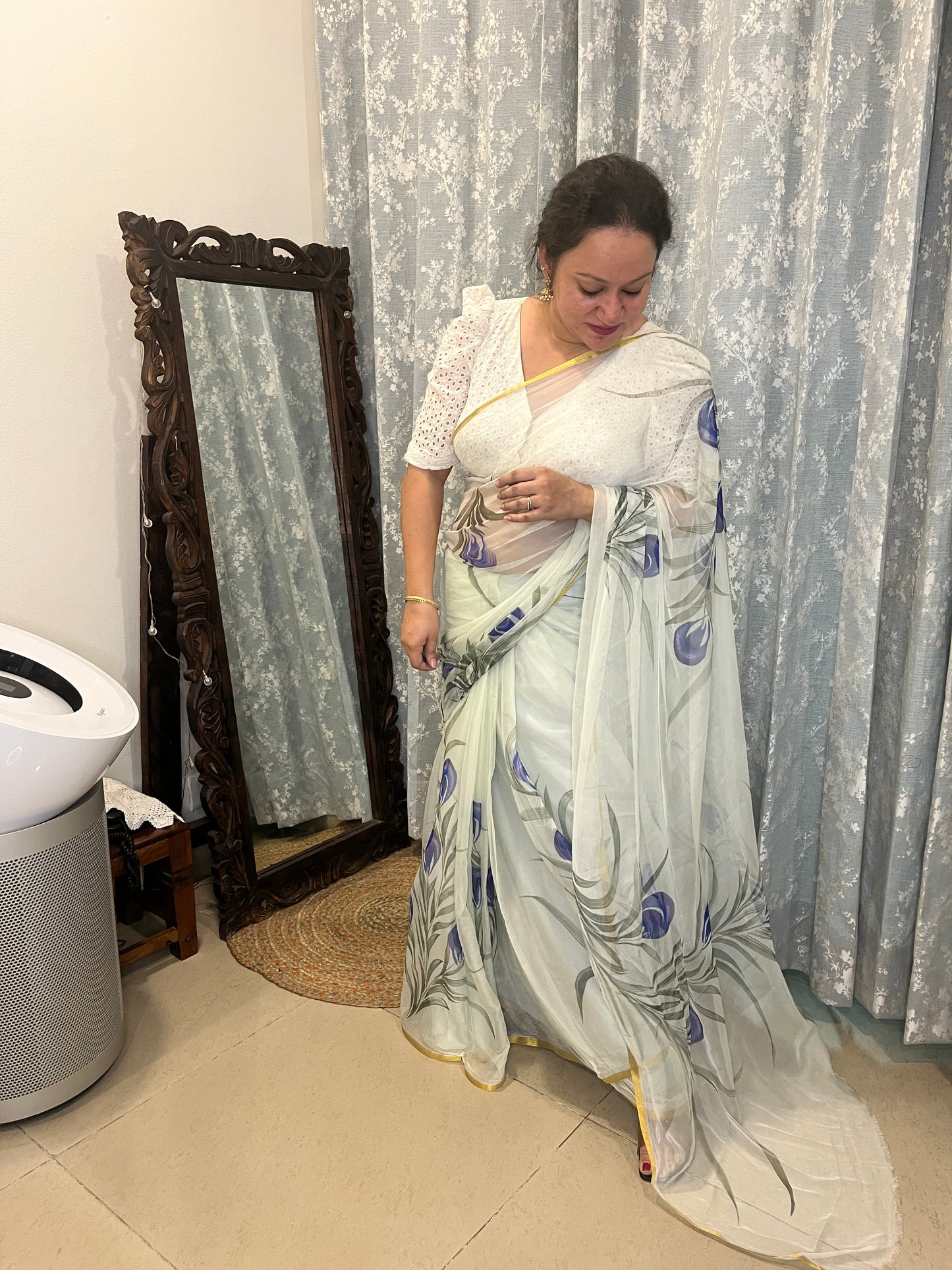 Hand-painted Chiffon Saree - Frost White