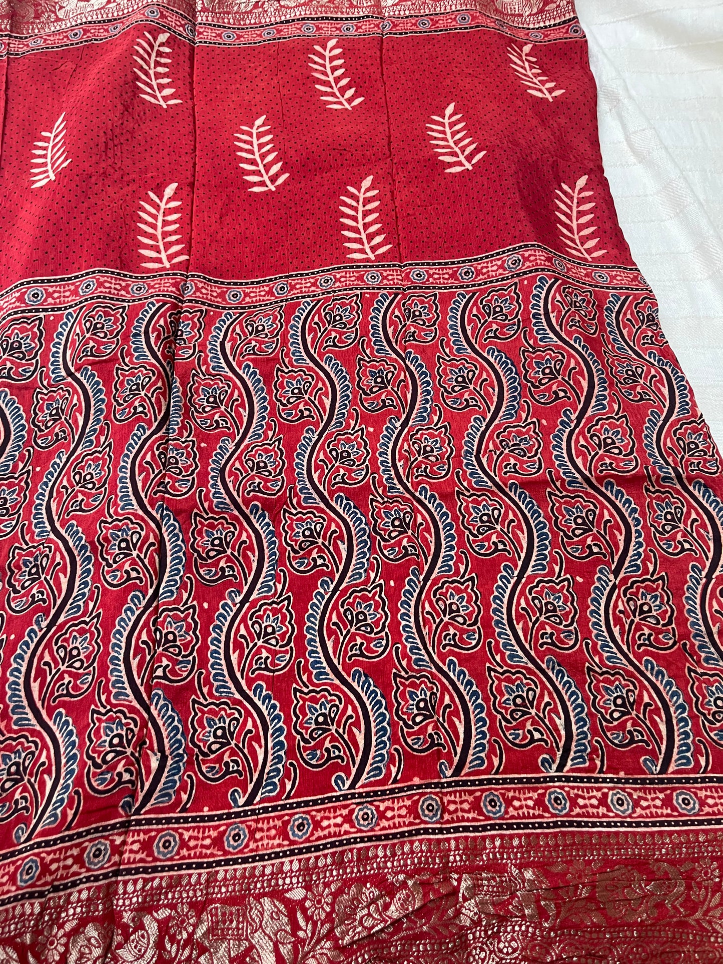 Ajrakh Dola Silk Saree - Red Leaf Motifs