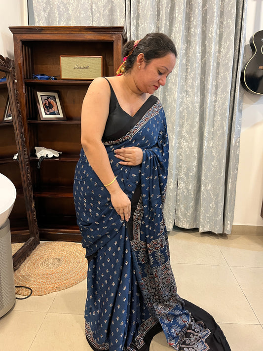 Ajrakh Modal Silk Saree - Indigo Small Buttis